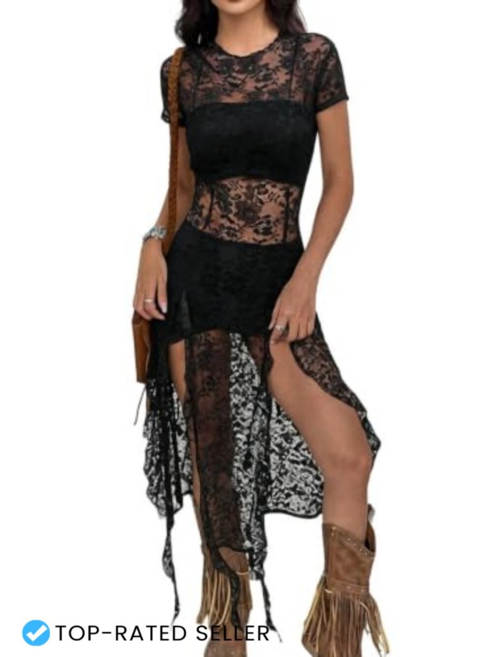 Sheer Lace Slit Ruffle Fringe Mini Dress Y2K Country Concert